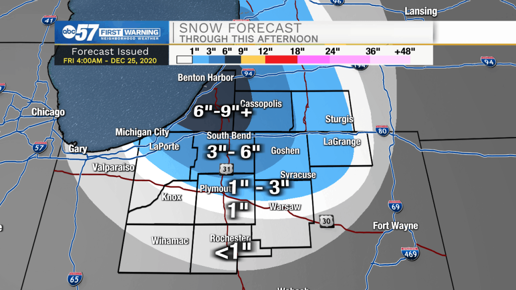 Snow to taper off by late on Christmas Day, warmer for the weekend - 95 ...